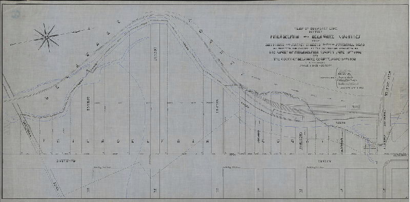 Plan, Plan of boundary line between Philadelphia and Delaware Counties from Sixty-third and Market Streets south to Marshall Road as surveyed and marked by the Commission appointed by the Court of Philadelphia County June 10th 1902 and the Court of Delaware County June 16th 1902. 