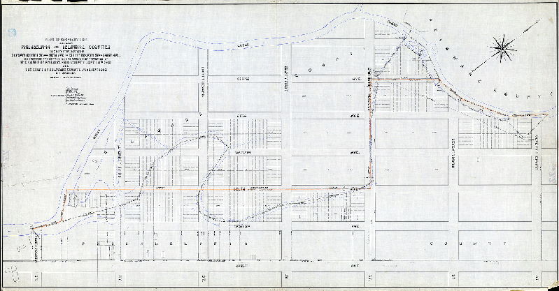 Plan (alternate image), Plan of boundary line between Philadelphia and Delaware Counties. Clearview section, Seventy-eighth St. and Beta Ave. to Eighty-fourth St. and Buist Ave. as surveyed and marked by the Commission appointed by the Court of Philadelphia County June 10th 1902 and the Court of Delaware County June 16th 1902. [See RC-ZZ-5-3 for revised plan]