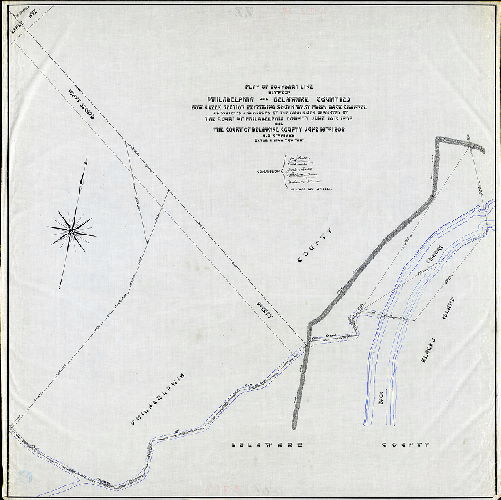 Plan (alternate image), Plan of boundary line between Philadelphia and Delaware Counties. Bow Creek section, extending southwest from Back Channel as surveyed and marked by the Commission appointed by the Court of Philadelphia County June 10th 1902 and the Court of Delaware County June 16th 1902. [2 copies, tracing and blueprint, both good.]