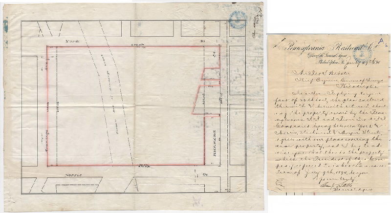 Plan, [No title. Plan showing Pennsylvania Railroad property in vicinity of Aramingo Canal. With attached letter from Office of the General Agent, Pennsylvania Railroad Co., July 27, 1894]