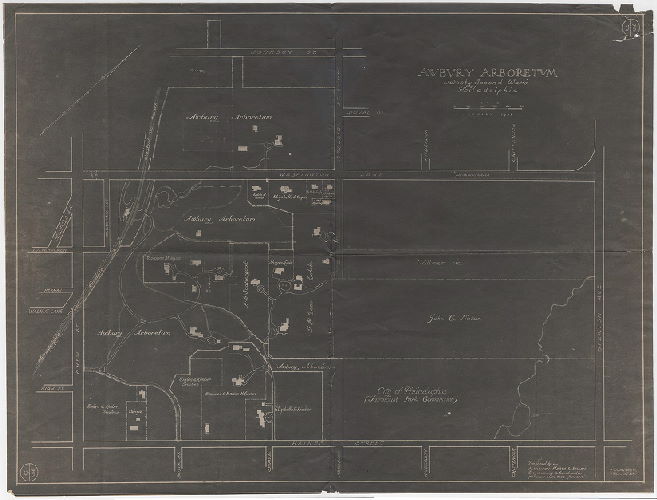 Plan, Awbury Arboretum, Twenty-second Ward, Philadelphia. January 1924. Prepared by Harrison, Mertz & Emlen, Engineering & Construction, Franklin Bank Bldg., Philada. Drawing No. 2372 [On reverse: "P-14-51"]