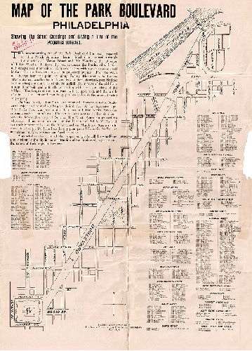 Plan, Map of the Park Boulevard, Philadelphia, showing street crossings and giving a list of properties affected. [Published by the North American May 1892. For similar, see FF-Parkway-08] 