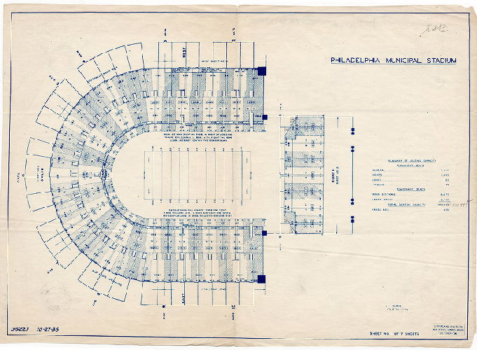 Plan, Philadelphia Municipal Stadium. Sheet No. 1 of 7 sheets. [On reverse: "L-36-59". See nine plans named FF-JFK for later, more detailed versions of this plan.]