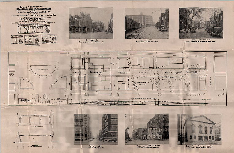 Plan, Plan of the proposed Randolph Boulevard from Vine St. to Spring Garden St., Philadelphia. Boulevard … Showing line and grade, profile & sections of character of construction, pictures of type of properties take and their assessed values, estimates of probable cost of construction