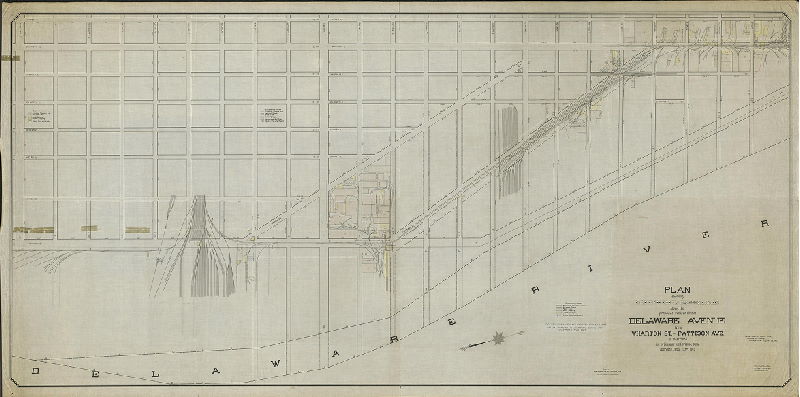 Plan, Plan showing railroad tracks, buildings, and other structures along the proposed revised line of Delaware Avenue from Wharton St. to Pattison Ave. as described in ordinance authorizing the same approved June 25th 1912.
