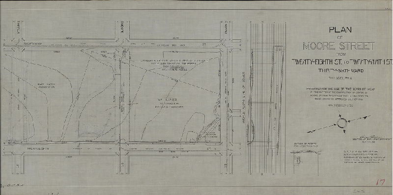 Plan, Plan of Moore Street from Twenty-eighth St. to Twenty-ninth St., Thirty-sixth Ward, Philadelphia. Prepared for the use of the Board of View in the matter of the construction of sewer on Moore St. from Twenty-eight St. to Twenty-ninth St. under ordinance approved July 6th 1914. D-17, No. 15
