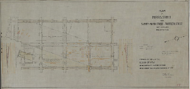 Plan, Plan of Moore Street from Twenty-ninth St. to Thirtieth St., Thirty-sixth Ward, Philadelphia. Prepared for the use of the Board of View in the matter of the opening thereof under ordinance approved November 4th 1915. D-17, No. 19