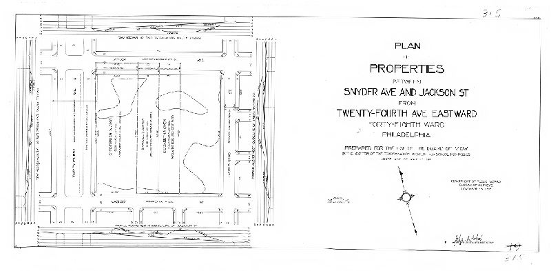 Plan, Plan of properties between Snyder Ave, and Jackson St. from Twenty-fourth Ave. eastward, Forty-eighth Ward, Philadelphia. Prepared for the use of the Board of View in the matter of the condemnation thereof for school purposes under Act of May 11th 1911.