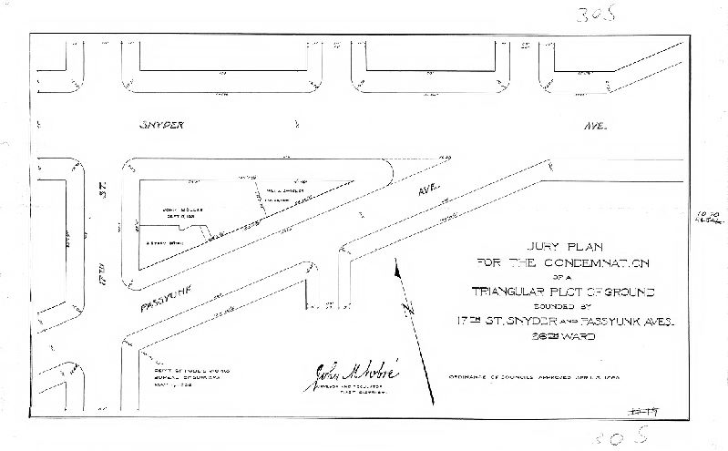 Plan, Jury plan for the condemnation of a triangular plot of ground bounded by 17th St., Snyder and Passyunk Aves. 26th Ward.