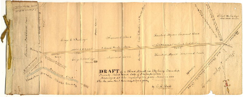 Plan, Draft of a road situate in Byberry Township Twenty-third Ward City of Philadelphia. Surveyed at the request of the Jury, March 8, 1866. Also the same route resurveyed for a Jury February 12th, 1867.