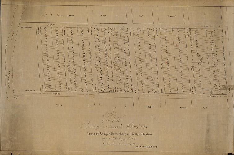 Plan, Plan of lots of the Bridesburg Land Company situate in the Borough of Bridesburg, in the County of Philadelphia. Late the estate of Sergeant Dec'd. Surveyed and laid out as above delineated Sept. 1853 by John Foulkrod Survr. [Text on reverse: "Bridesburg, Buckius to Lefevre"]