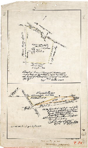 Plan, Draft of James Benezet's Plantation and Tract of 64-3/4 Ac's. land situate in Oxford Township in the County of Philadelphia as survey'd. June 1764 and 1765 by (signed) (copy) Silas Watts. [Second survey dated 1785; "Traced by E.R.S. 1-4-09"]