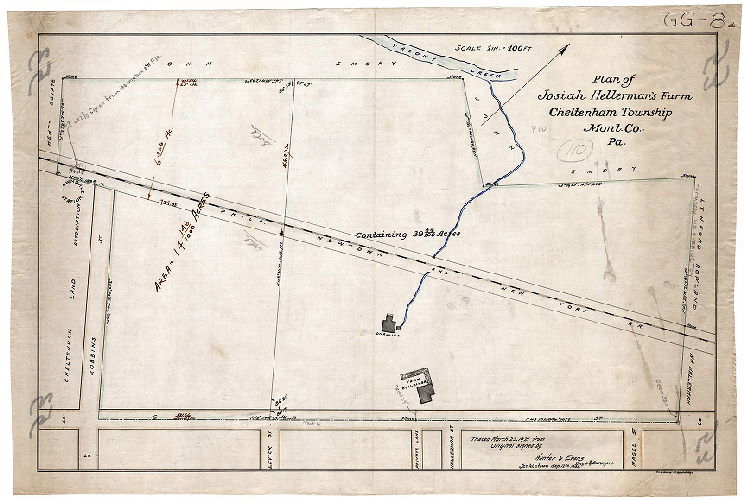Plan, Plan of Joshua Hellerman's farm, Cheltenham Township, Mont. Co. Pa. Traced March 23, 1921 from original signed by Hunter & Evans, Engrs. & Surveyors, Jenkintown, Sep. 12, 1888. 