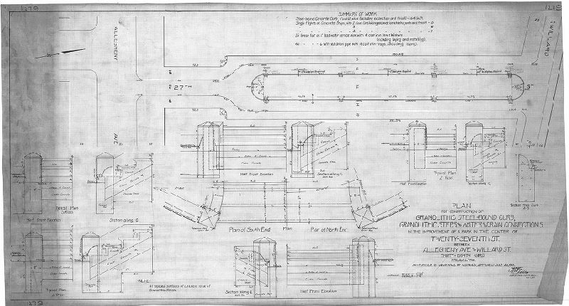 Plan, Plan for the construction of granolithic steel-bound curb, granolithic steps and water and drain connections in the improvement of a park in the center of  Twenty-seventh St. between Allegheny Ave. and Willard St., Thirty-eighth Ward, Philadelphia. [Garden street]
