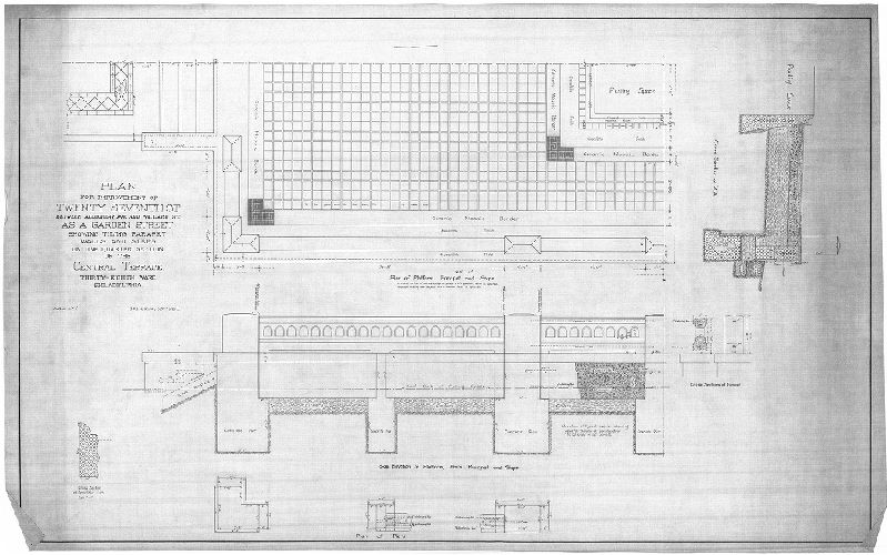 Plan, Plan for improvement of Twenty-seventh St. between Allegheny Ave. and Willard St. as a garden street, showing tiling parapet walls and steps on one quarter section of the central terrace. Thirty-eighth Ward, Philadelphia. 