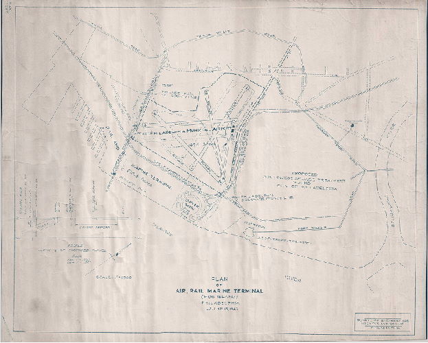 Plan, Plan of Air, Rail, Marine Terminal (Hog Island), Philadelphia, June 15, 1940. Bureau of Engineering, Surveys and Zoning, Philadelphia. 