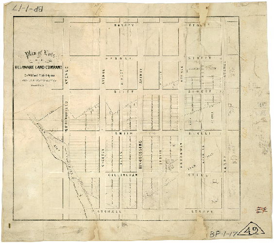 Plan, Plan of lots of the Delaware Land Company, 24th Ward Philadelphia. Office No. 50 Sth. 4th St. 2nd Story. Pillner Lith. 37-1/2 S. 3d St.