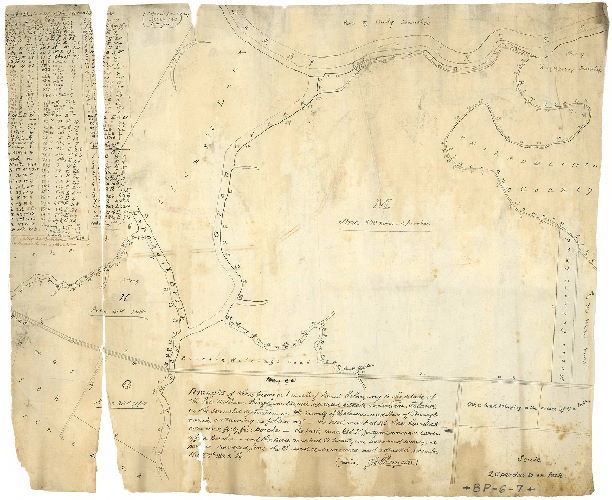 Plan, Draught of three pieces or parcels of land belonging to the estate of the late William Bingham, Esquire, deceased, situate on Tinicum Island in the Township of Tinicum, Delaware County and State of Pennsylvania…Surveyed June the 3rd and re-examined and adjusted November the [2nd?] 1825 by Jno. Thomson ["Copied from a copy" in 1884 by William H. Jones]