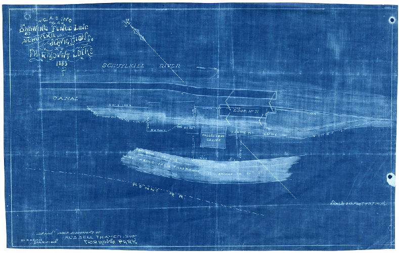 Plan, Tracing showing fence line of Schuylkill Navigation Co. at Fairmount Locks, 1883. Drawn under directions of Russell Thayer, Supt., Fairmount Park, by B. R. Evans, draughtsman.