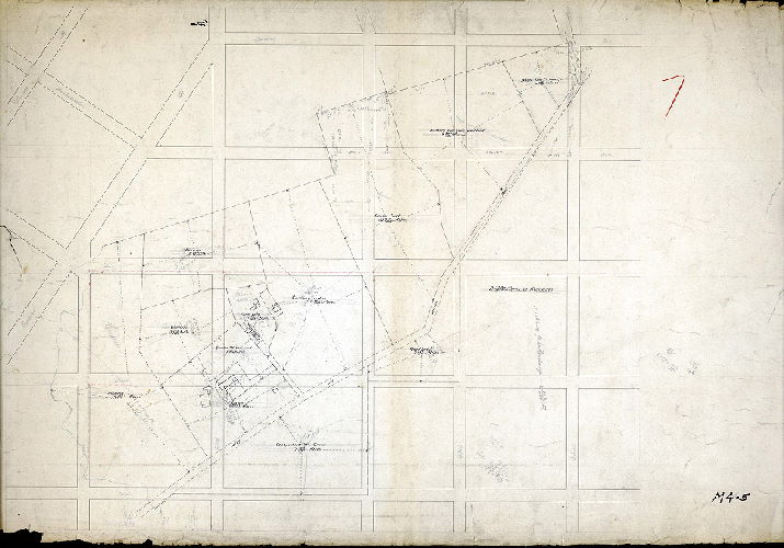 Plan, [No title. Farm property or properties in West Philadelphia near Indian Creek. Working drawing for SD7th-C-M-4-4] 