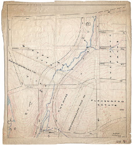 Plan, [No title. On reverse: "Case 1 - Box 9 - 66th St. to 69th St. - City Ave. to Malvern Ave. - Revised street lines" showing curving streets laid out to cover the sewer (never built) that was planned to capture the East Branch of Indian Creek.]
