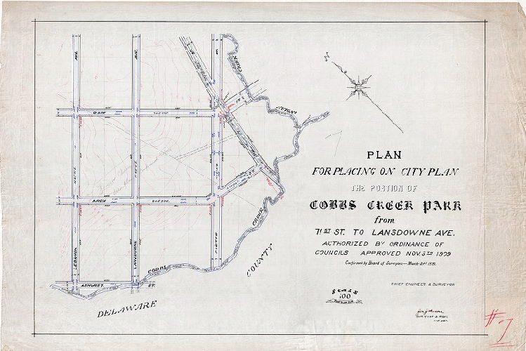 Plan, Plan for placing on city plan the portion of Cobbs Creek Park from 71st St. to Lansdowne Ave. Authorized by ordinance of Councils. Approved Nov. 5th, 1909. Confirmed by board of surveyors, March 21st, 1910. 