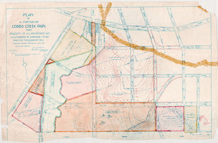 Plan, Plan of a portion of Cobbs Creek Park from Daggett St. to Lansdowne Ave. as authorized by ordinance of Jan 25, 1917. Made for the Board of View. Lines and grades confirmed June 1, 1914. July 10, 1917