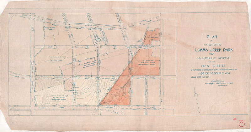 Plan, Plan of an addition to Cobbs Creek Park from Callowhill St. to Vine St. and from 69th St. to 66th St. as authorized by ordinance of Councils approved August 30, 1919. Made for the Board of View