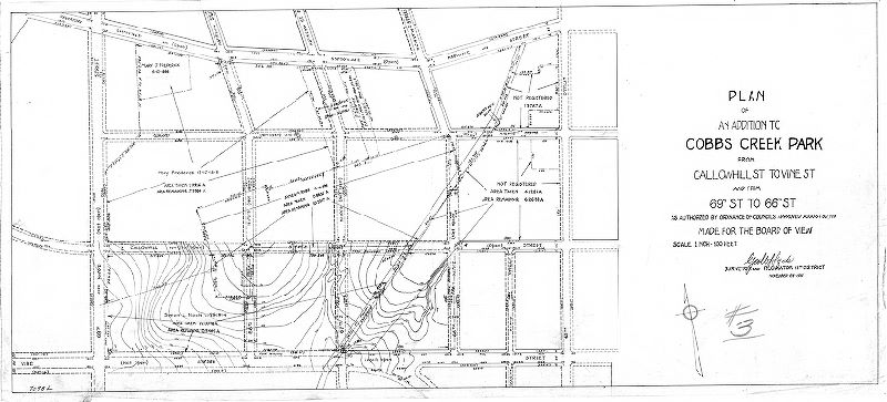 Plan, Plan of an addition to Cobbs Creek Park from Callowhill St. to Vine St. and from 69th St. to 66th St. as authorized by ordinance of Councils approved August 30, 1919. Made for the Board of View