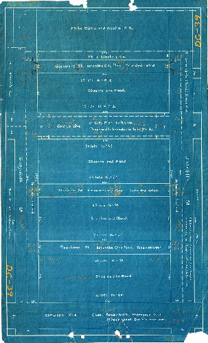Plan, [No title. Property of Shapiro and Reed, bounded by the Philadelphia, Washington and Baltimore Railroad and Elmwood Ave., 65th to 66th Street, with each section notated with number of lots to be made and their sizes. 