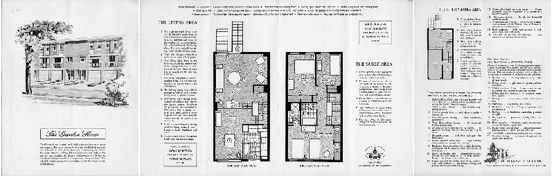 Plan, The Garden House. The Towne Gardens, Island Road & Turnstone Rd., Philadelphia 42, PA. SA7-8571. [One of four 4-page bifold brochures touting different house styles in the Eastwick Redevelopment area. Price noted in pencil: $13,400 ]