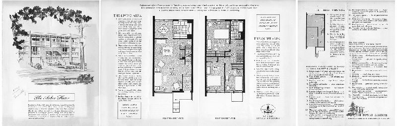 Plan, The Arbor House. The Towne Gardens, Island Road & Turnstone Rd., Philadelphia 42, PA. SA7-8571. [One of four 4-page bifold brochures touting different house styles in the Eastwick Redevelopment area. Price noted in pencil: $11,990 ]