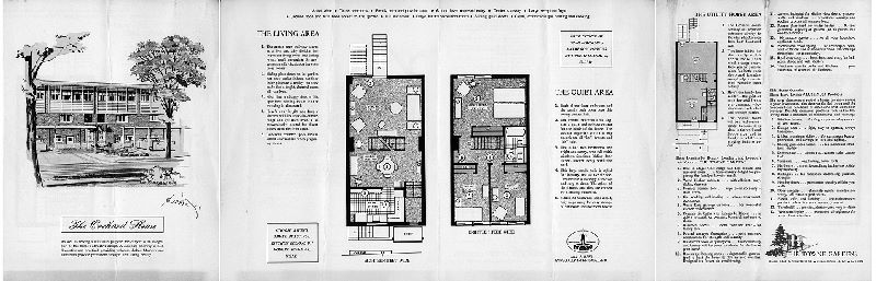 Plan, The Orchard House. The Towne Gardens, Island Road & Turnstone Rd., Philadelphia 42, PA. SA7-8571. [One of four 4-page bifold brochures touting different house styles in the Eastwick Redevelopment area. Price noted in pencil: $12,990]