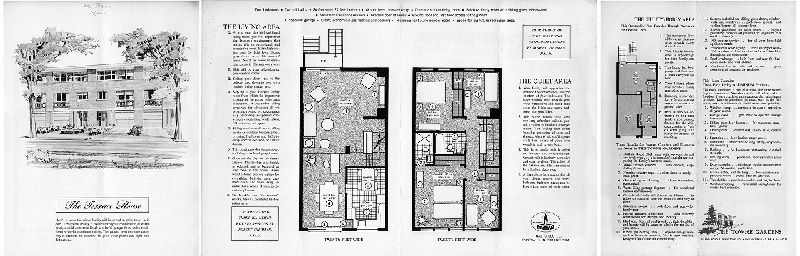 Plan, The Terrace House. The Towne Gardens, Island Road & Turnstone Rd., Philadelphia 42, PA. SA7-8571. [One of four 4-page bifold brochures touting different house styles in the Eastwick Redevelopment area. Price noted in pencil: $14,490]