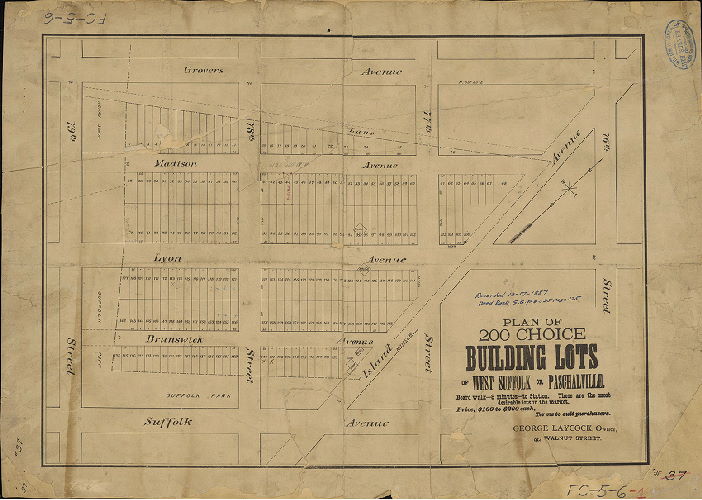 Plan, Plan of 200 choice building lots of West Suffolk or Paschalville. Board walk - 8 minutes - to Station. These are the most desirable lots in the market. Price, $100 to $200 each. Terms to suit purchasers. George Laycock, Owner, 914 Walnut Street. 