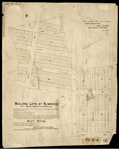 Plan, Building lots at Elmwood, 27th Ward, West Philadelphia. [In ink on lithograph: "Plan of the subdivision into lots of the property of James Dalton. 27th Ward Philada. Sept. 1889"]