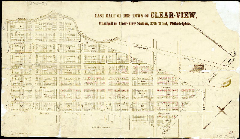 Plan, East half of the town of Clear-View, Paschall or Clear-View Station, 27th Ward. F. Bourquin (lithographer), 31 S. 6th Str., Philada.