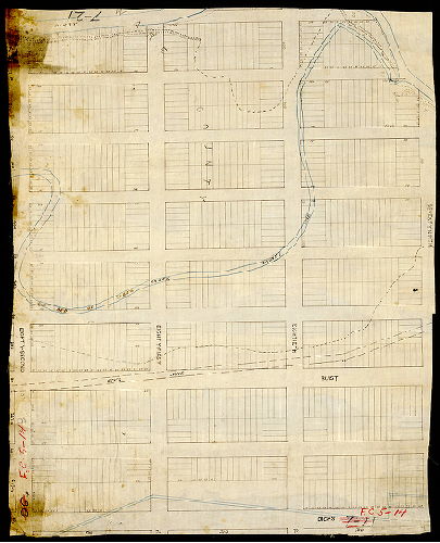 Plan, [No title. Lot subdivision of property between Dicks Avenue and Darby Creek, 79th and 82nd streets. "Old bed of Cobb's Creek - County Line" runs through the plan. Cox's Lane delineated as a dotted line; this was likely the only actual street shown on this plan.]