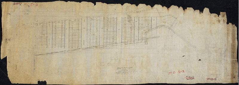 Plan, Plan of a tract of land in the 27th Ward Phila. Belonging to George Laycock as proposed by him to be laid out into streets and lots. [On reverse: Jones [?] the [?] Oct 18[?] [Working plan for Suffolk Lots, see SD7th-FC5-15 and SD7th-FC5-16-2]