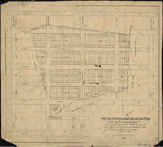 Plan, The Bartram Land Association of West Philadelphia. Lots 25-100 [feet] and larger $130-00/100 per lot. 5 cent fare Darby Car on Chestnut and Walnut or Spruce and Pine. Eng[raving] J. L. Smith, 27 So. 6th St. Phila