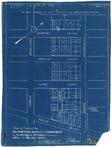 Plan, Plan of lots of the Elmwood Realty Company in the 40th Ward, Philadelphia. Office: No. 1301 Wolf Street. Jos. H. Young, Surveyor, Percy Building, Phila.
