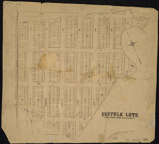 Plan, Suffolk Lots, 27th Ward, West Philadelphia. F. Bourquin, Lith., 31 S. 6t St. Philada.