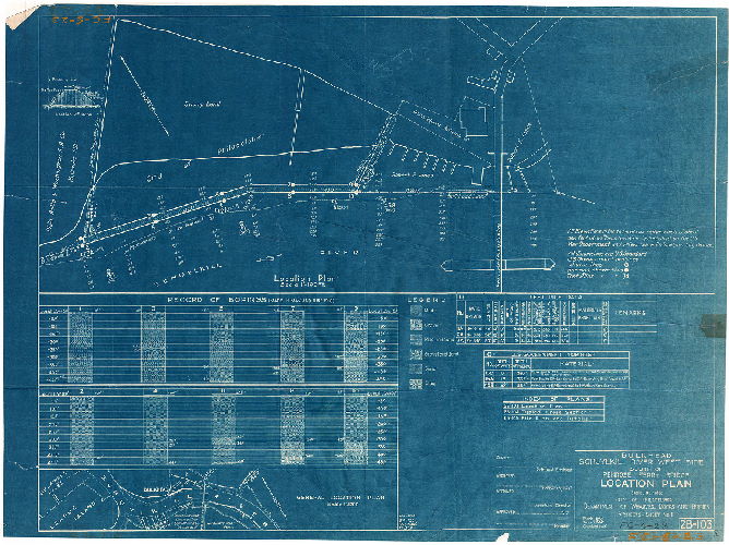 Plan, Bulkhead, Schuylkill River - west side, south of Penrose Ferry Bridge. Location plan [for borings]. Scales as noted. City of Philadelphia, Department of Wharves, Docks and Ferries. 3 sheets - Sheet No. 1. 2B-103