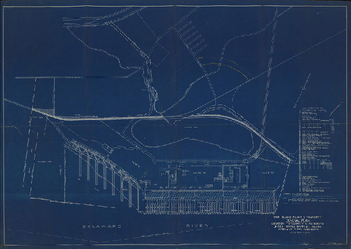 Plan, Hog Island [Shipyard] plant and property, general plan. Location topography & boundries [sic]. United States Shipping Board, Merchant Fleet Corporation. As of May 15, 1930.