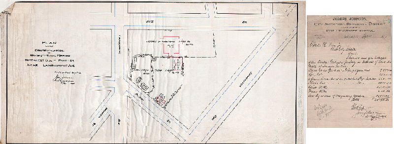 Plan, Plan for the condemnation of property for school purposes. Northwest side of Peach St. near Lansdowne Ave. For use of Road Jury only. [Attached: Report on property value from Joseph Johnson]