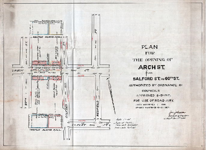 Plan, Plan for the opening of Arch St. from Salford St. to 60th St. Authorized by ordinance of Councils approved 8-13-1910. For use of Road Jury. Lines confirmed 8-11-1860. Grades confirmed 12-20-1880. 