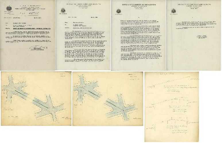 Plan, [Report and plans from George T. Shegog, surveyor and regulator, 11th Survey District, to Thomas Buckley, assistant engineer, Bureau of Engineering, Surveys and Zoning, City of Philadelphia, regarding plan to develop the Pennsylvania Hospital for Insane Property for public housing and bisect it with a diagonal street. Shegog recommended this street as a necessary barrier between the while residents on one side and African-American (which he called "colored") residents on the other side.
