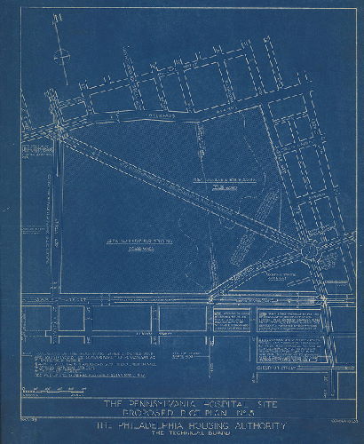 Plan, The Pennsylvania Hospital Site. Proposed Plot Plan No. 3. The Philadelphia Housing Authority. The Technical Board. PHA-39