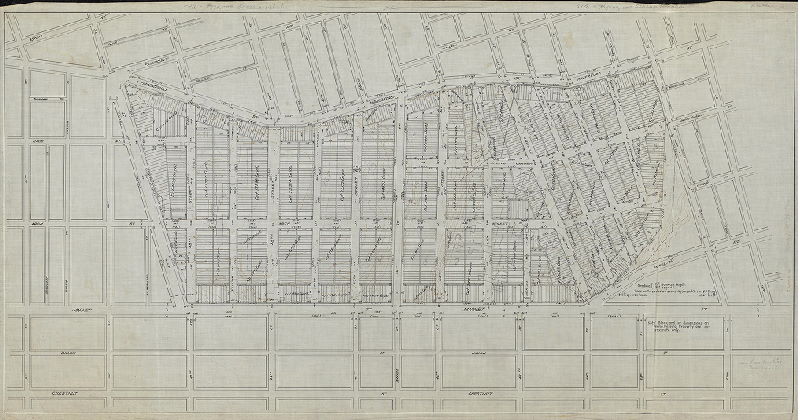 Plan, [No title. Plan showing Pennsylvania Hospital for the Insane property divided into 1632 house lots, with calculations for necessary cuts and fills to bring the property to regulated street grade. Probably made in conjunction with Philadelphia Housing Authority (see plan SD7th-Kirkbride3]