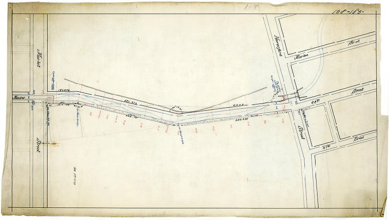 Plan, [No title. Mill Creek between Market Street and Haverford Avenue, through the Pennsylvania Hospital for the Insane, with 46th Street projected over the creek.]